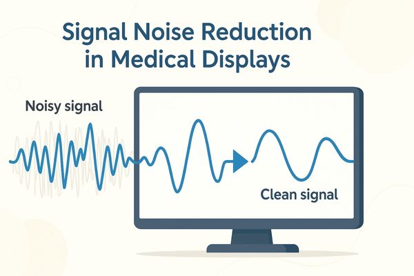 Illustration of signal noise reduction on a medical display showing the transformation from a noisy signal to a clean signal waveform.