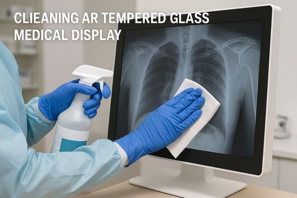 Medical staff easily wiping down an AR-treated tempered glass display