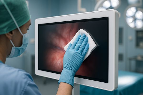 Image of a gloved hand easily wiping a seamless laminated display screen