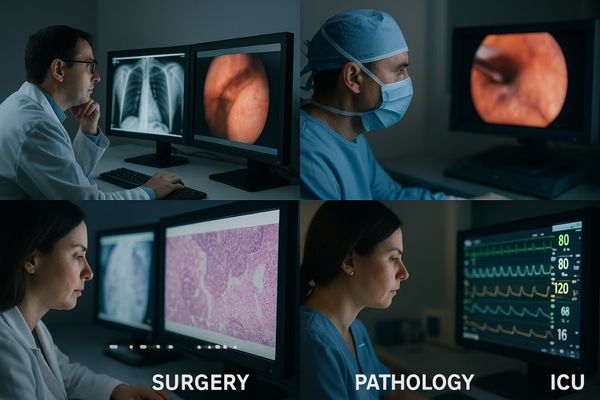 Surgeon performing a delicate procedure while looking at a surgical display
