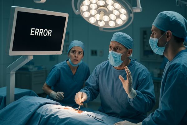 Simulated scene of a tense operating room with a blank monitor causing disruption