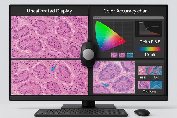 Comparison of a stained tissue sample on a standard monitor versus a color-calibrated medical display