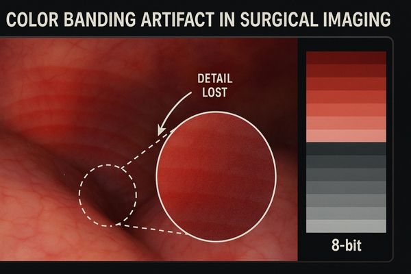 A close-up of a surgical image on a screen, showing distinct bands of color instead of a smooth gradient