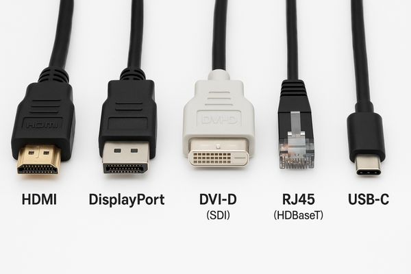 Photo of different digital connectors: HDMI, DisplayPort, DVI, BNC (for SDI), RJ45 (for HDBaseT)