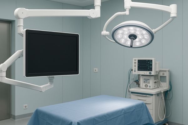 An operating room setup showing a 27-inch or 32-inch monitor on a boom arm