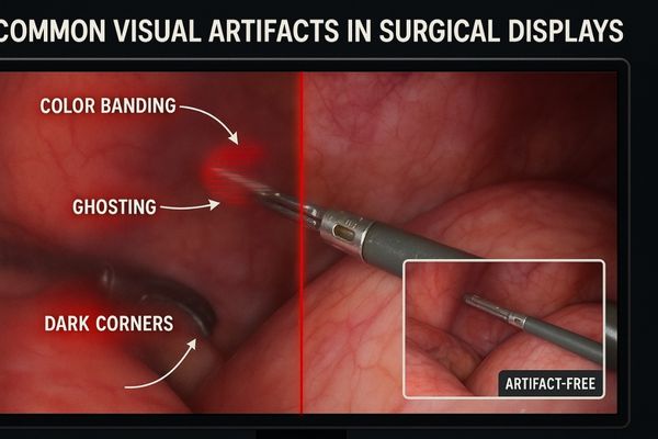 A surgical monitor showing multiple visual artifacts like banding and blur