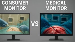 Side-by-side comparison of a consumer monitor and a medical surgical monitor displaying surgical images.