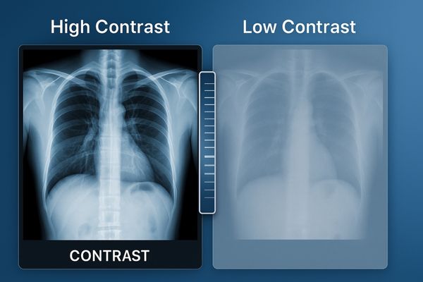 Side-by-side comparison of chest X-rays showing the effect of high contrast versus low contrast on medical image clarity.