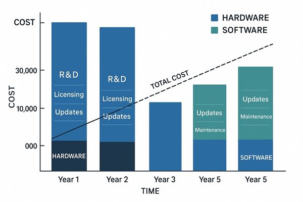 A bar chart comparing the upfront and long-term costs of hardware vs. software solutions