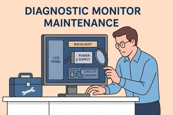 Technician inspecting internal components of a diagnostic medical monitor, including backlight, power supply, and circuit board.