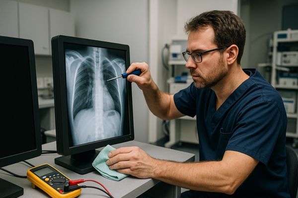 Technician inspecting a diagnostic monitor