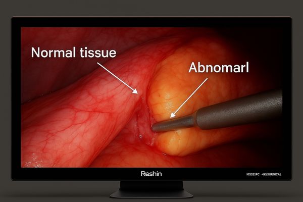 Surgical display showing a high-contrast laparoscopic view of tissue