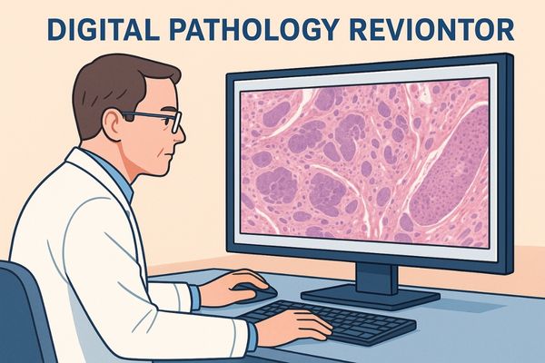 Pathologist reviewing a high-resolution whole slide image on a large medical-grade monitor for digital pathology.