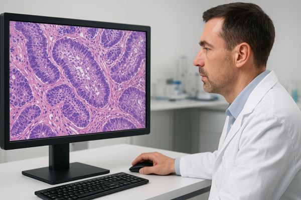 Pathologist reviewing a whole slide image on a large, high-resolution medical display
