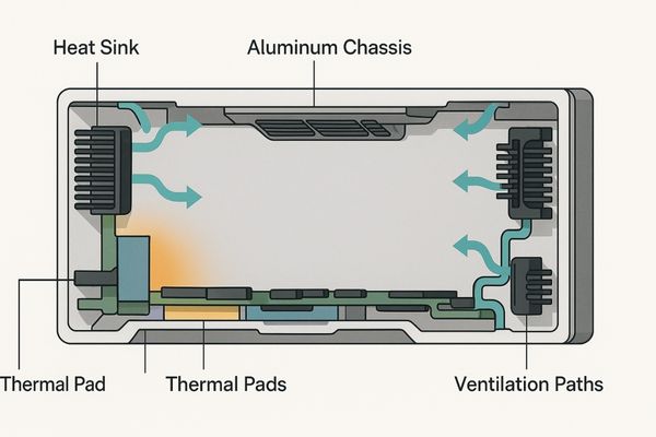 Cutaway view of a display showcasing internal heat sinks and ventilation paths