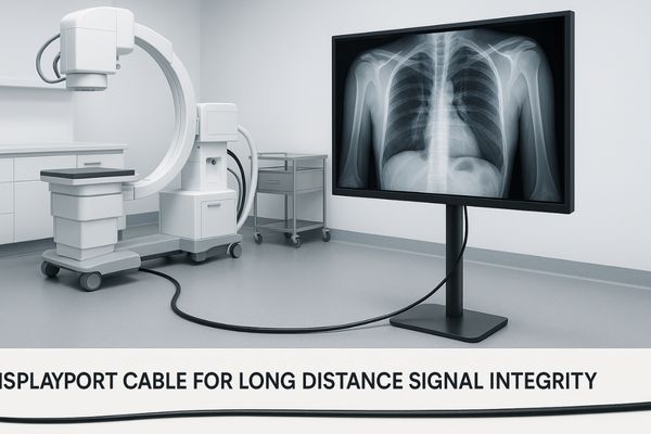 Image showing a long DisplayPort cable successfully connecting a device to a monitor in a medical setting