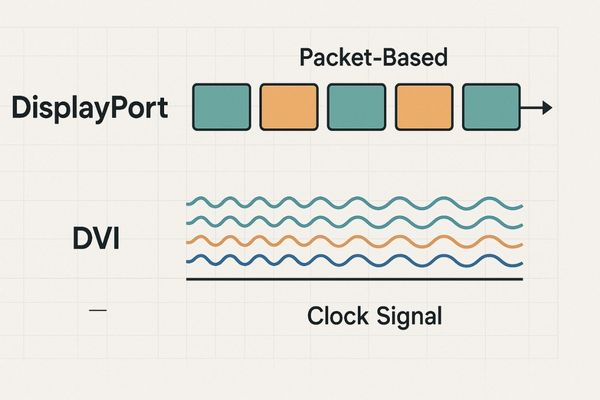 Diagram illustrating packet-based data (DisplayPort) vs continuous stream TMDS (DVI)