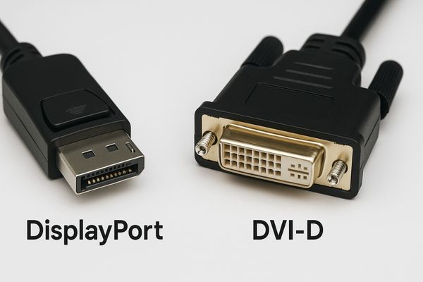 Image of a DisplayPort connector and a DVI connector side-by-side