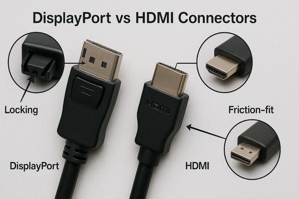 A DisplayPort cable with its locking mechanism highlighted next to an HDMI cable