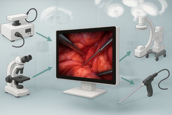 Image collage showing various surgical devices: endoscope, C-arm, microscope, all pointing towards a central monitor