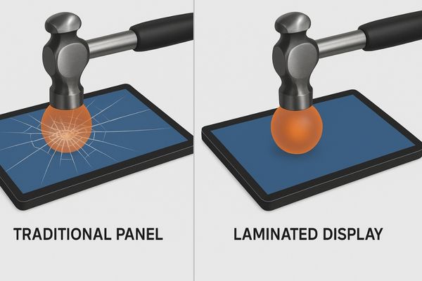 Image demonstrating impact test: one panel cracks easily, the laminated panel resists better