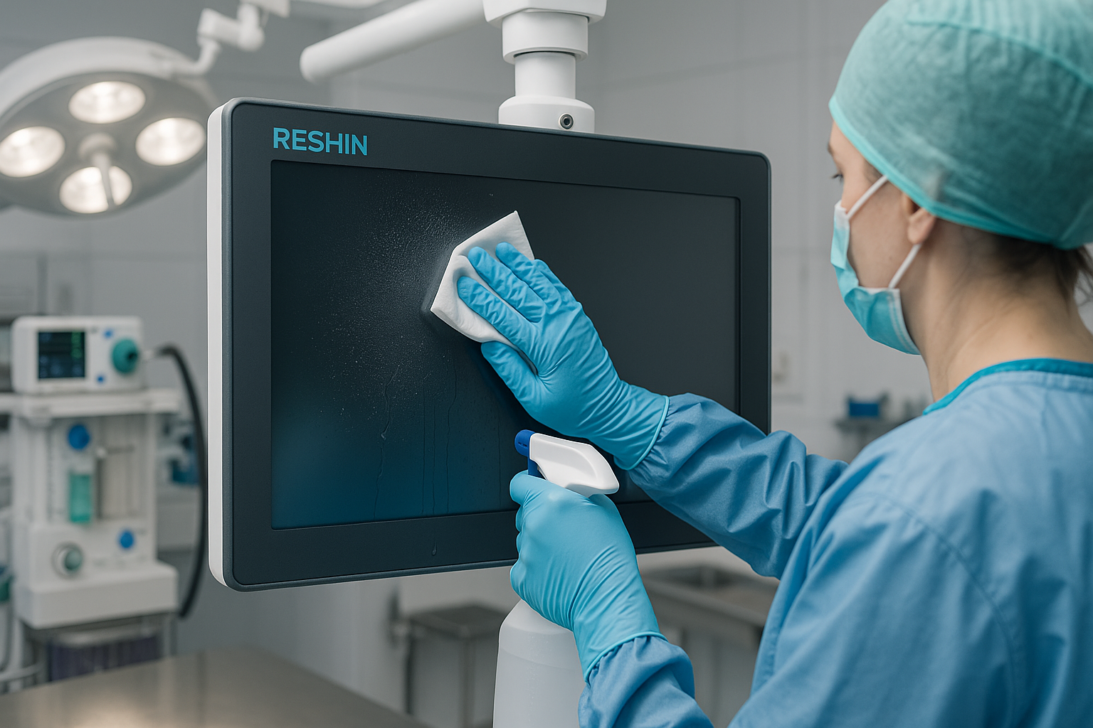 Reshin monitor being cleaned in a veterinary setting