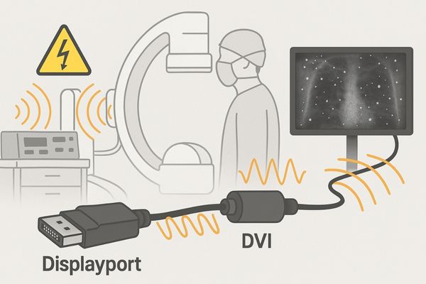Illustration of EMI waves from surgical equipment potentially affecting a DVI cable connection