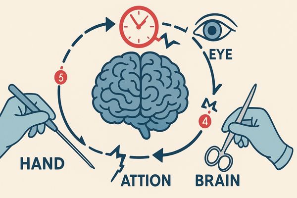 Illustration of the hand-eye coordination loop being disrupted by a time delay icon