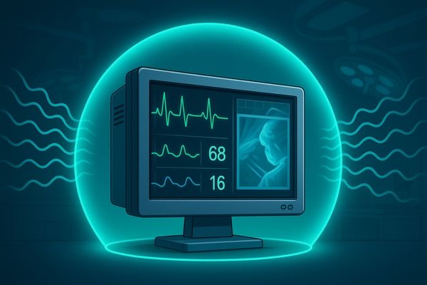 A medical monitor with a transparent shield graphic deflecting electronic interference waves