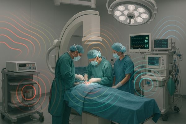 An operating room filled with various electronic devices, highlighting the potential for interference