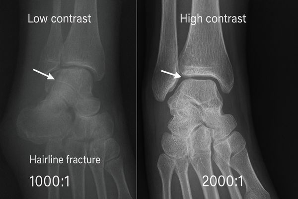X-ray of a bone with a subtle hairline fracture clearly visible