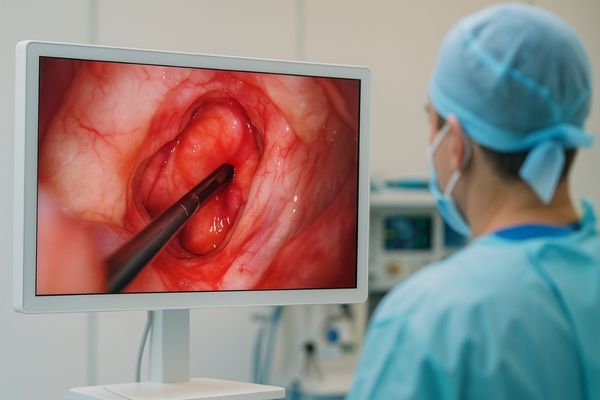 Surgeon viewing high-resolution endoscopic ENT surgery image on a medical monitor in an operating room
