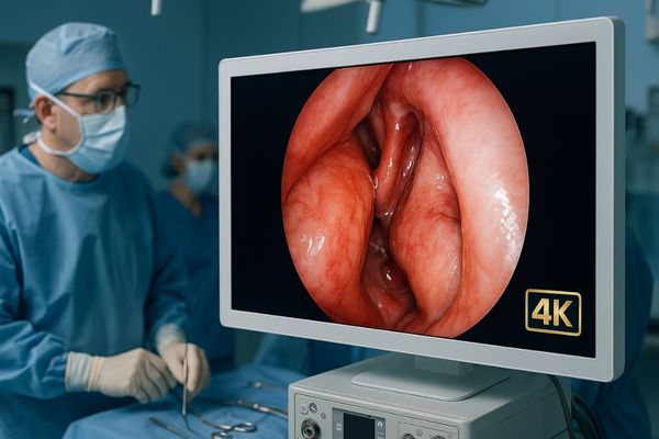 A high-resolution image of an ENT surgical procedure displayed on a large surgical monitor