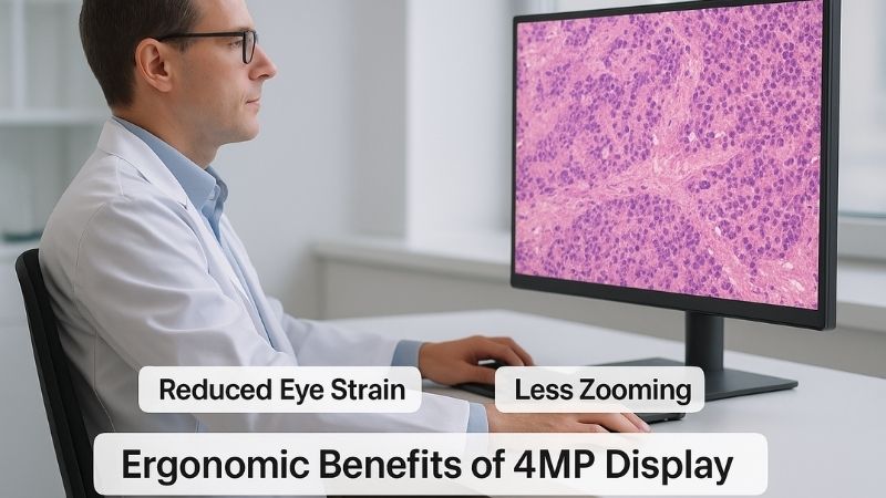 Pathologist working comfortably at 4MP monitor