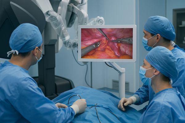 Surgical team members viewing a Reshin monitor from different angles in an OR
