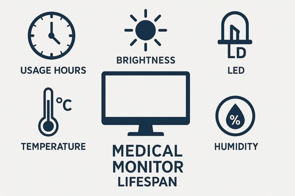 Collage of factors: clock (usage hours), sun (brightness), LED icon, thermometer, humidity icon