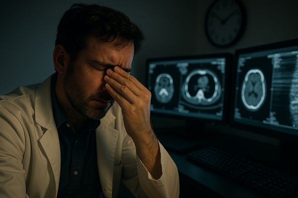 Clinician rubbing tired eyes in front of a computer screen