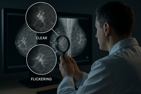 Radiologist closely examining a medical image for subtle abnormalities