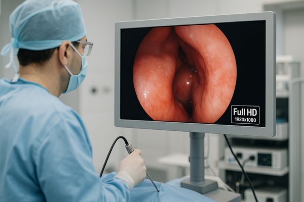 A surgeon looking at a Full HD monitor during a routine ENT procedure
