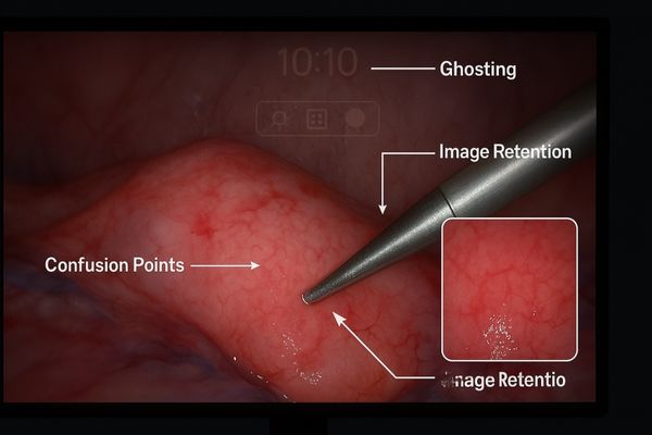 A surgical display showing a faint, transparent 'ghost' of a previous image over the current one