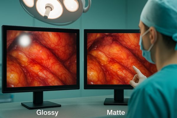 Surgeon comparing glossy and matte surgical monitors in an operating room, highlighting glare differences under surgical lights