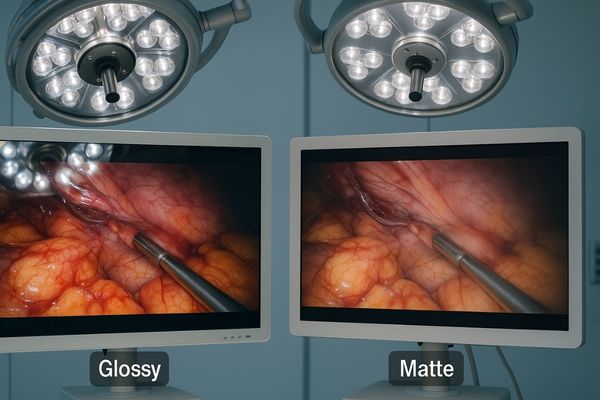 A side-by-side comparison of a glossy and a matte surgical monitor under OR lights