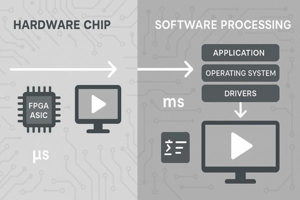 A diagram illustrating a video signal passing through a hardware chip versus a software process on a CPU