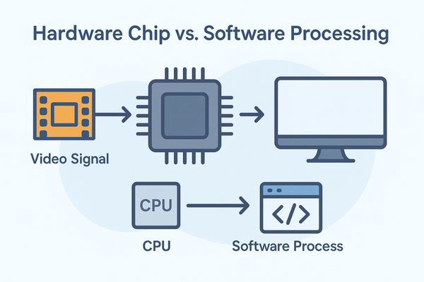 Diagram comparing hardware chip processing and software processing for medical video signals, highlighting differences in speed and flexibility.