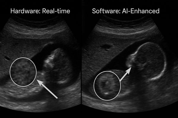 A split-screen image showing a standard view on the left and an AI-enhanced, clearer view on the right