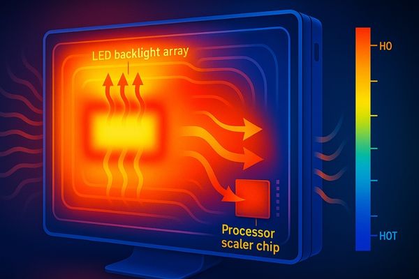 An illustration showing heat radiating from the back of a high-resolution monitor