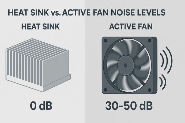 Illustration comparing a silent heat sink with a noisy fan icon