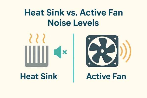 Flat digital illustration comparing a silent heat sink with a noisy cooling fan for medical displays, highlighting differences in acoustic performance.