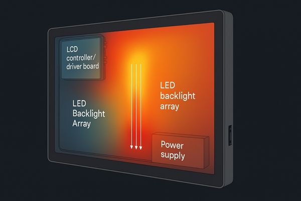 Diagram showing heat sources within a display: LCD controller, power board, LED backlight array