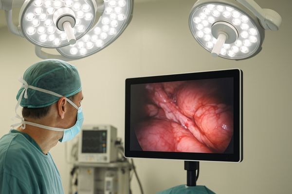 Surgeon in a brightly lit OR looking at a high-brightness surgical display